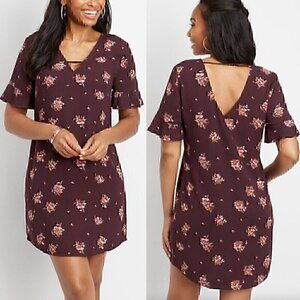 MAURICES Floral Bar Back Shift Dress Plum Purple Multi Short Sleeve Mini Work S